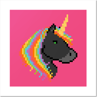 Pixel Black Unicorn with Rainbow Mane Posters and Art